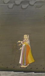 Zwei Nautch-Mädchen mit Wunderkerzen an einem Bach in der Nacht des Diwali-Festes, Bikaner-Stil